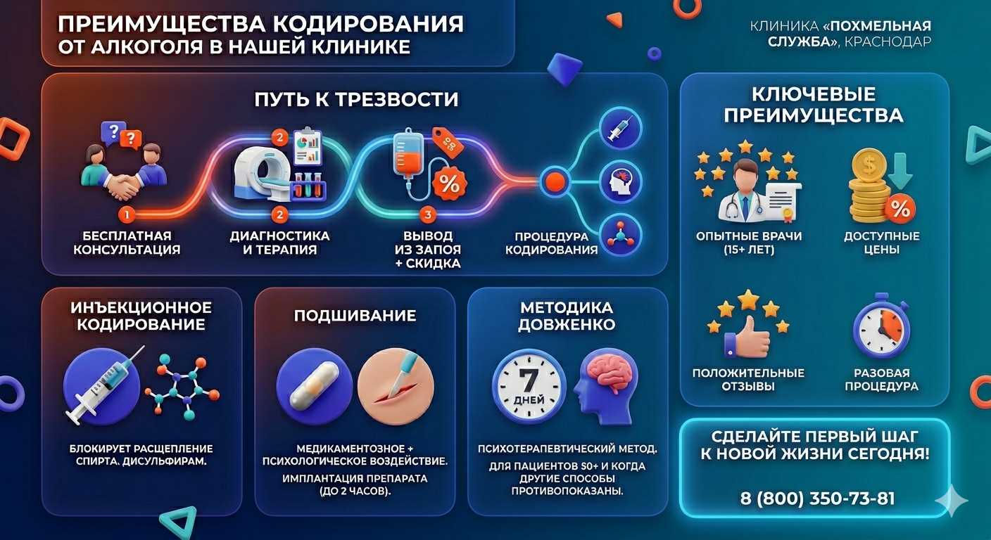 Инфографика о методах кодирования от алкоголя в Динской: инъекции, подшивание, метод Довженко. Преимущества клиники и этапы лечения.