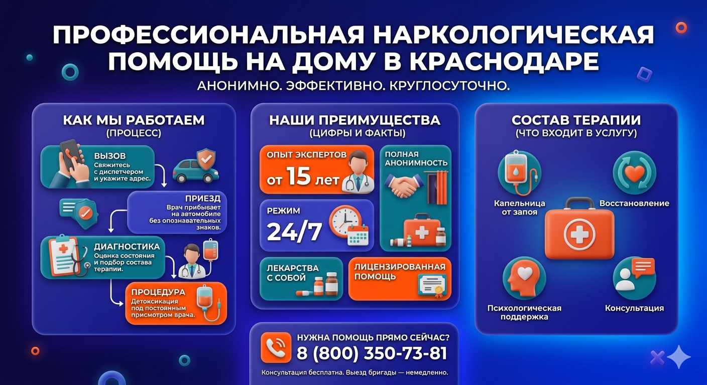 Инфографика о принципах лечения алкоголизма на дому в Динской: этапы вызова нарколога, преимущества анонимной детоксикации и состав медицинской помощи.